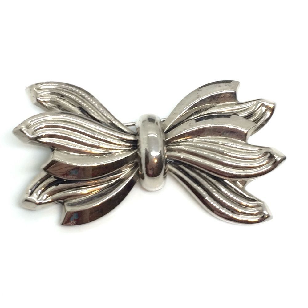 VINTAGE BOW BROOCH Silver Tone Ribbon Knot Pin Signed Marino